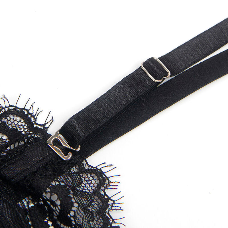Body de Renda SUBBLIME Preto com Laços e Ligas, detalhe do tecido e design.