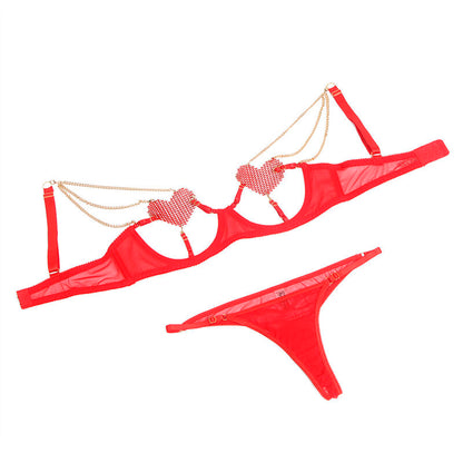 Imagem do Conjunto de Lingerie SUBBLIME Sutiã Correntes Malha Coração Vermelho S/M, mostrando detalhes e textura.