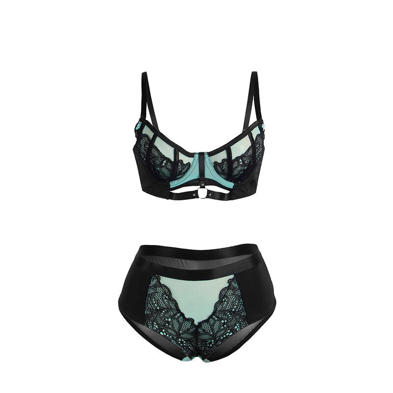 Close-up do Conjunto de Lingerie SUBBLIME Renda e Malha Verde com Sutiã Push-up S/M, mostrando detalhes do tecido e design.