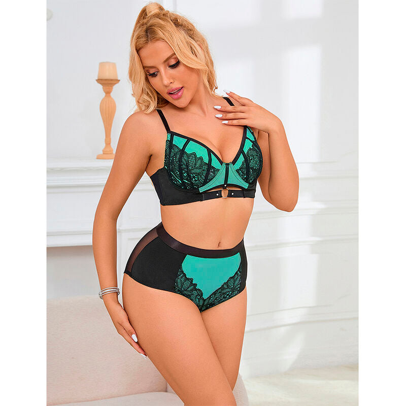 Close-up do Conjunto de Lingerie SUBBLIME Renda e Malha Verde com Sutiã Push-up S/M, mostrando detalhes do tecido e design.