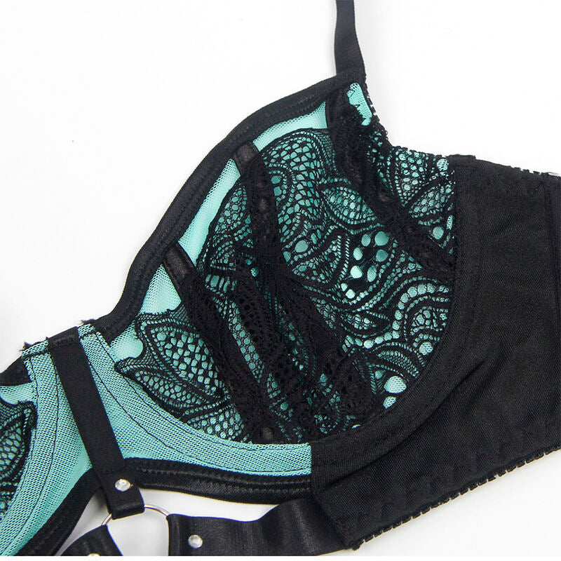 Close-up do Conjunto de Lingerie SUBBLIME Renda e Malha Verde com Sutiã Push-up S/M, mostrando detalhes do tecido e design.