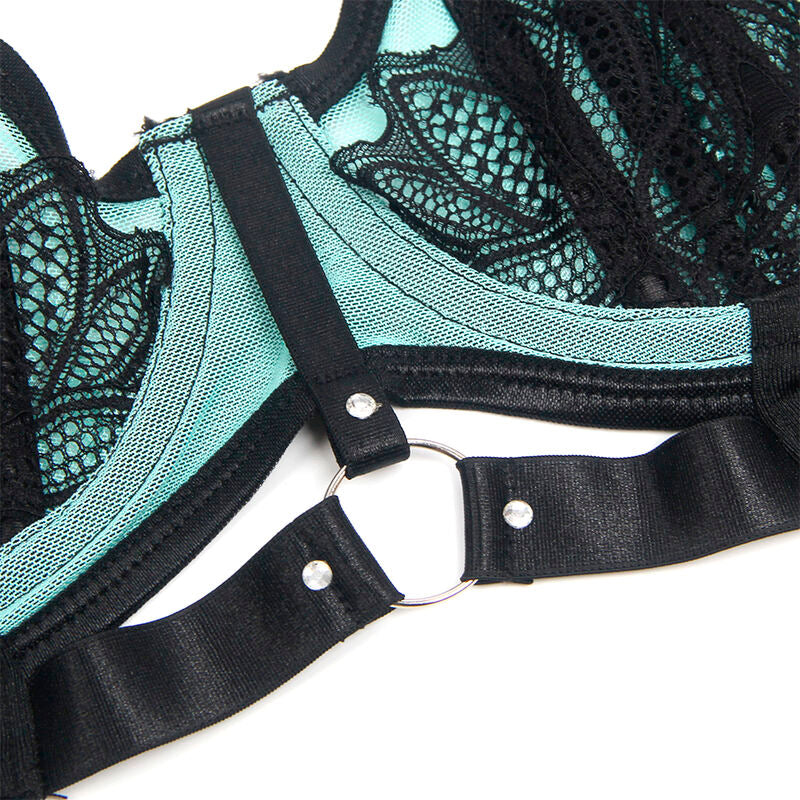 Close-up do Conjunto de Lingerie SUBBLIME Renda e Malha Verde com Sutiã Push-up S/M, mostrando detalhes do tecido e design.