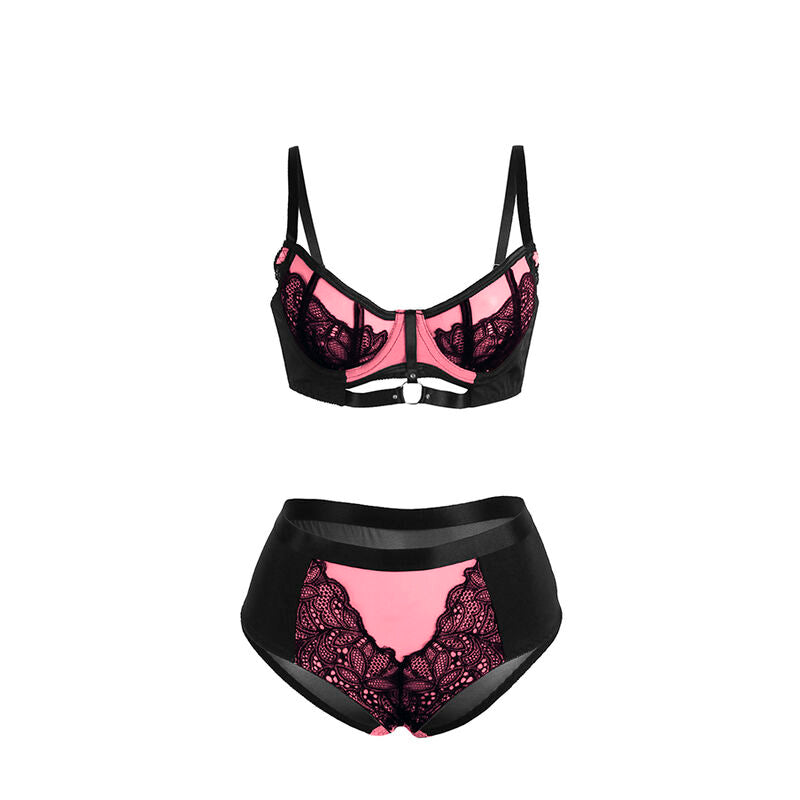 Conjunto de Lingerie SUBBLIME de Renda e Malha Rosa com Sutiã Push-up, tamanho P/M.