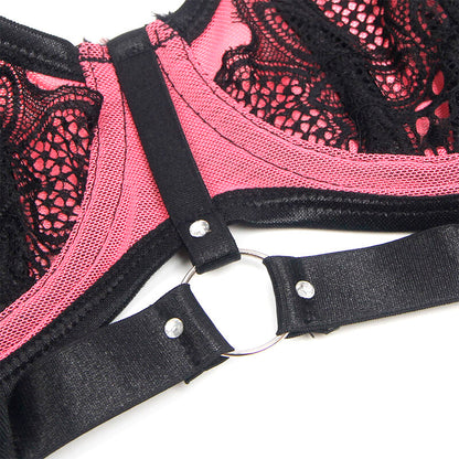 Conjunto de Lingerie SUBBLIME de Renda e Malha Rosa com Sutiã Push-up, tamanho P/M.