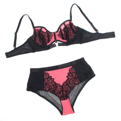 Conjunto de Lingerie SUBBLIME de Renda e Malha Rosa com Sutiã Push-up, tamanho P/M.