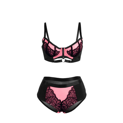 Conjunto de Lingerie SUBBLIME Rosa de Renda e Malha com Sutiã Push-up, destacando o design delicado e os detalhes sensuais.