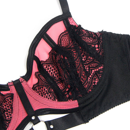 Conjunto de Lingerie SUBBLIME Rosa de Renda e Malha com Sutiã Push-up, destacando o design delicado e os detalhes sensuais.