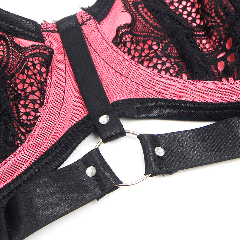 Conjunto de Lingerie SUBBLIME Rosa de Renda e Malha com Sutiã Push-up, destacando o design delicado e os detalhes sensuais.