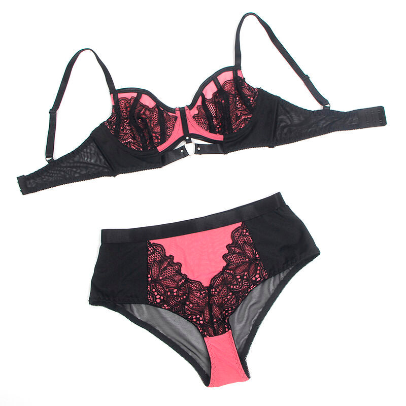 Conjunto de Lingerie SUBBLIME Rosa de Renda e Malha com Sutiã Push-up, destacando o design delicado e os detalhes sensuais.