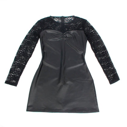 Vestido Camisola SUBBLIME Manga Comprida Renda e Couro PU Preto S/M, exibindo design elegante.