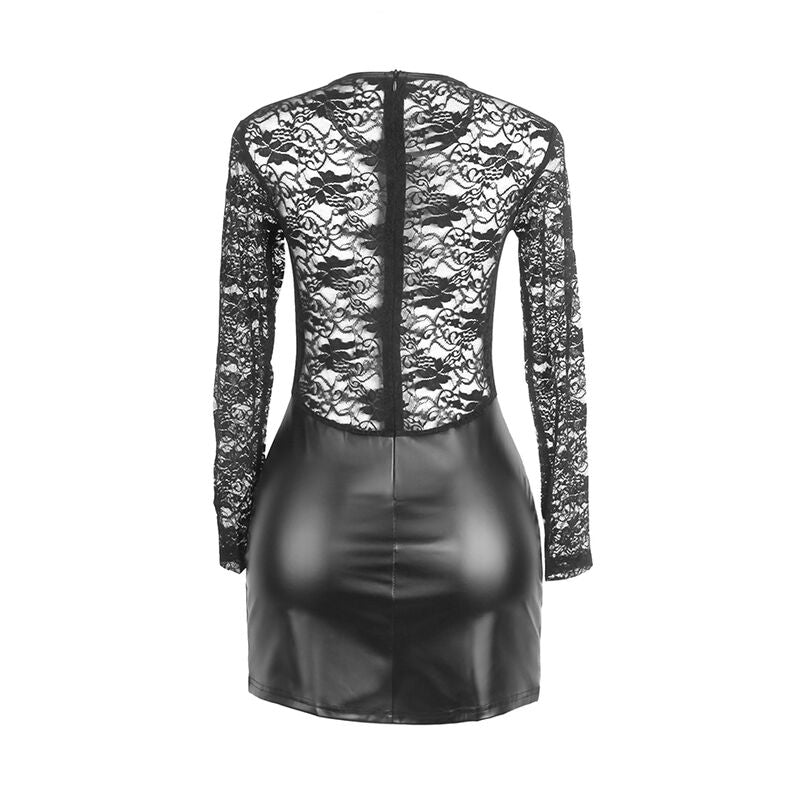 Camisola sexy SUBBLIME preta com renda e mangas compridas, em efeito couro PU.