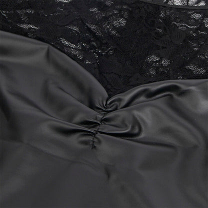 Camisola sexy SUBBLIME preta com renda e mangas compridas, em efeito couro PU.
