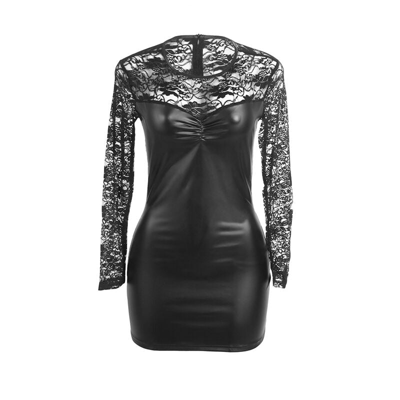 Camisola sexy SUBBLIME preta com renda e mangas compridas, em efeito couro PU.