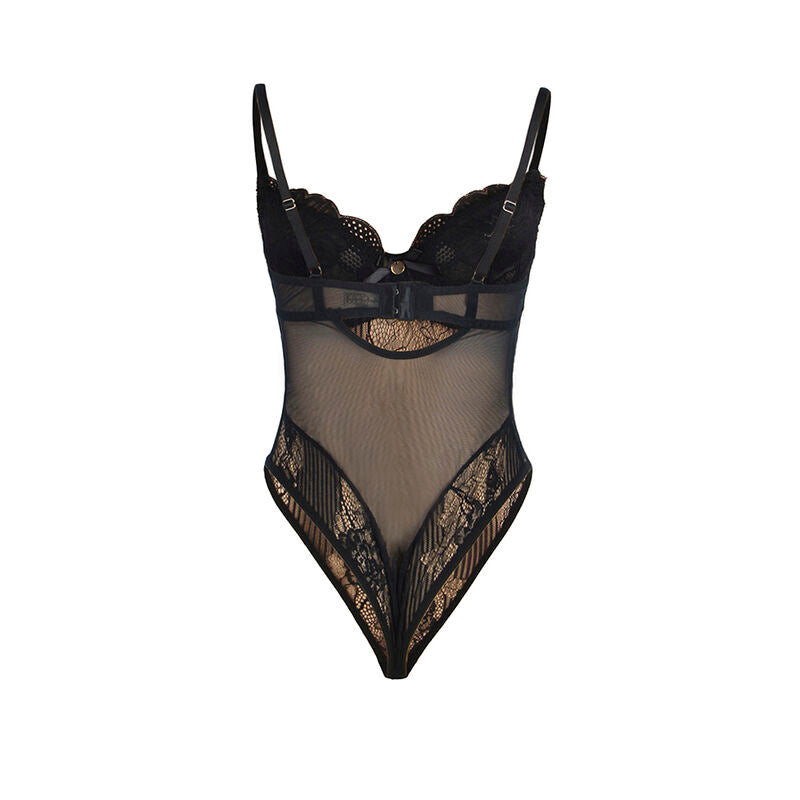 SUBBLIME Body de Renda Preto Push-Up com Fecho Inferior L/XL detalhe frontal e textura da renda.