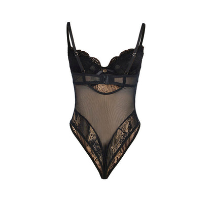 SUBBLIME Body de Renda Preto Push-Up com Fecho Inferior L/XL detalhe frontal e textura da renda.