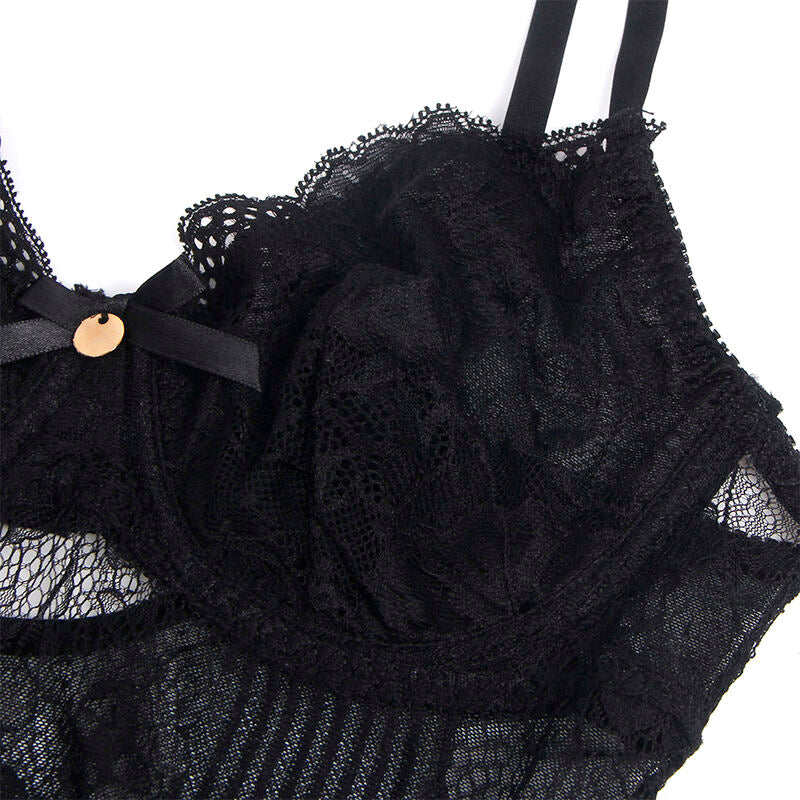 SUBBLIME Body de Renda Preto Push-Up com Fecho Inferior L/XL detalhe frontal e textura da renda.