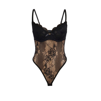 SUBBLIME Body de Renda Preto Push-Up com Fecho Inferior L/XL detalhe frontal e textura da renda.