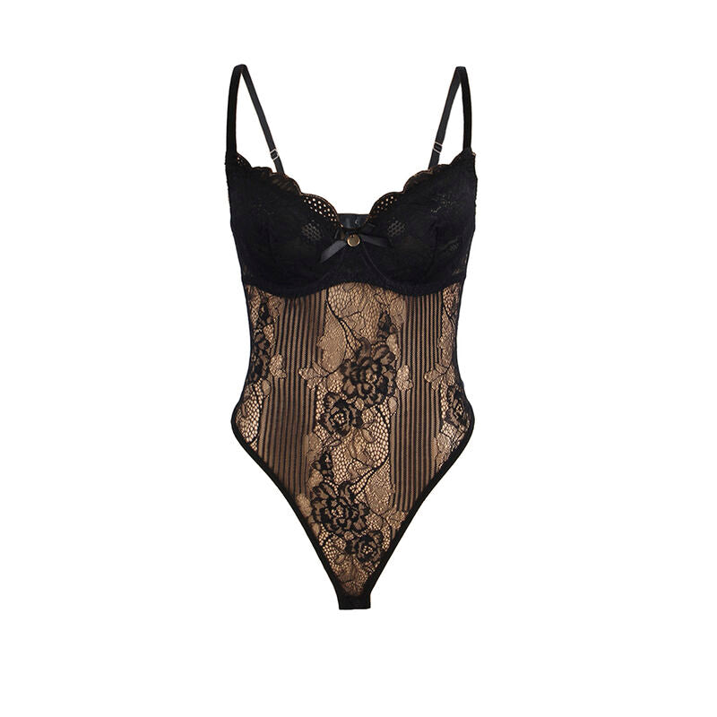 SUBBLIME Body de Renda Preto Push-Up com Fecho Inferior L/XL detalhe frontal e textura da renda.