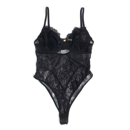 SUBBLIME Body de Renda Preto Push-Up com Fecho Inferior L/XL detalhe frontal e textura da renda.