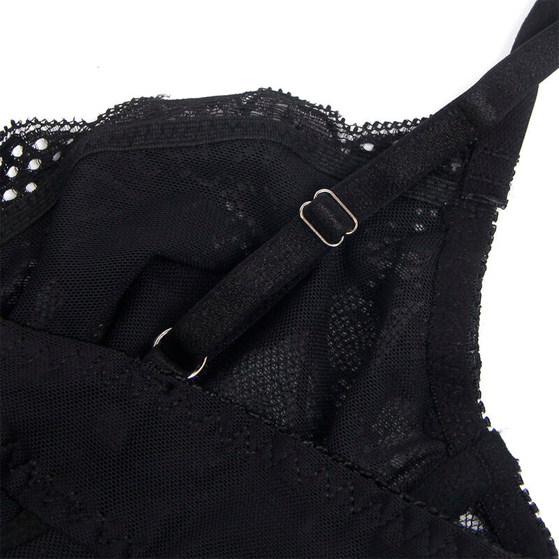 SUBBLIME Body de Renda Preto Push-Up com Fecho Inferior L/XL detalhe frontal e textura da renda.
