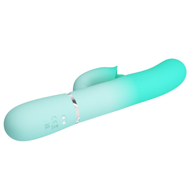 Detalhe do PRETTY LOVE Vibrador Gigi Coelho Multifuncional Aqua Verde, mostrando seu design ergonômico e silicone macio.