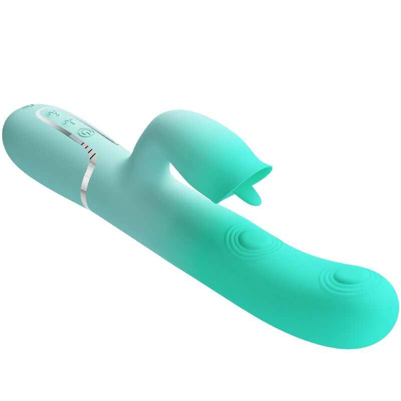Detalhe do PRETTY LOVE Vibrador Gigi Coelho Multifuncional Aqua Verde, mostrando seu design ergonômico e silicone macio.