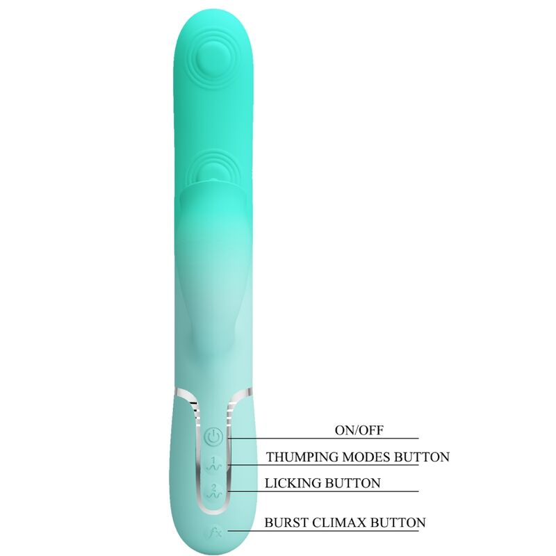 Detalhe do PRETTY LOVE Vibrador Gigi Coelho Multifuncional Aqua Verde, mostrando seu design ergonômico e silicone macio.