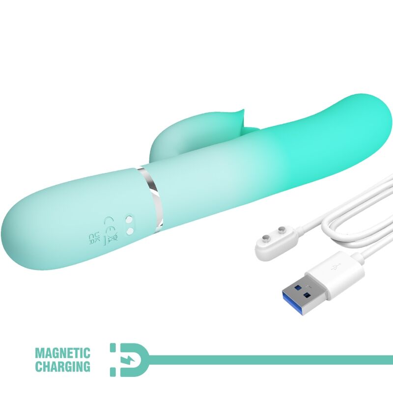 Detalhe do PRETTY LOVE Vibrador Gigi Coelho Multifuncional Aqua Verde, mostrando seu design ergonômico e silicone macio.