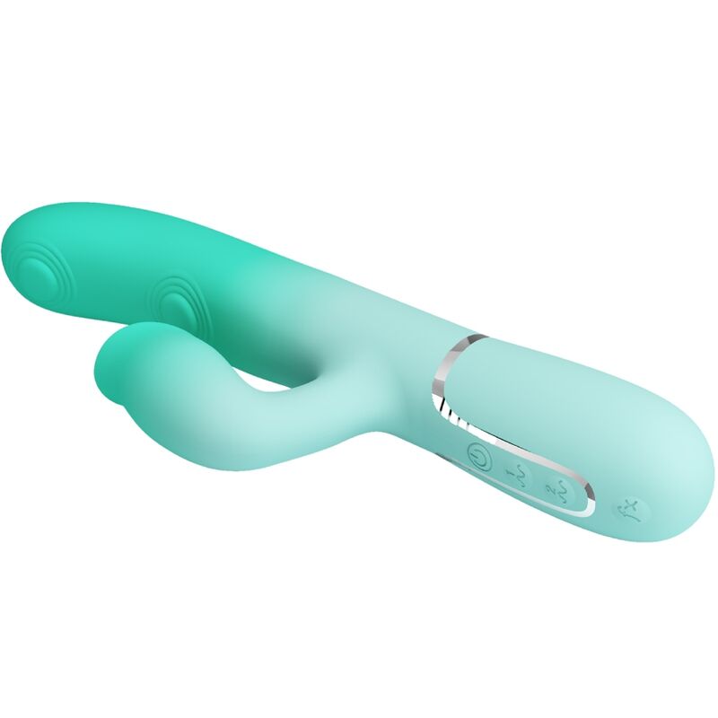 Detalhe do PRETTY LOVE Vibrador Gigi Coelho Multifuncional Aqua Verde, mostrando seu design ergonômico e silicone macio.