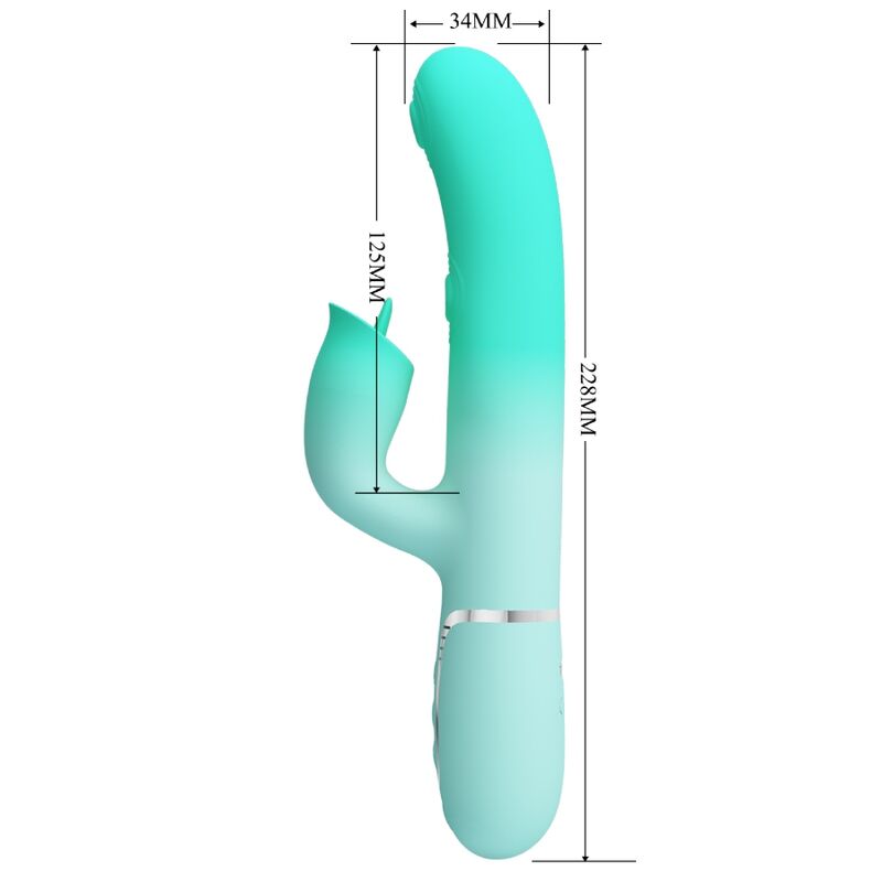 Detalhe do PRETTY LOVE Vibrador Gigi Coelho Multifuncional Aqua Verde, mostrando seu design ergonômico e silicone macio.