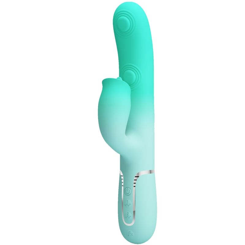 Detalhe do PRETTY LOVE Vibrador Gigi Coelho Multifuncional Aqua Verde, mostrando seu design ergonômico e silicone macio.