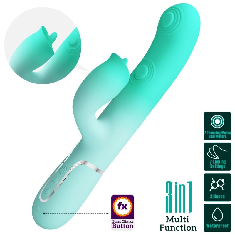 Detalhe do PRETTY LOVE Vibrador Gigi Coelho Multifuncional Aqua Verde, mostrando seu design ergonômico e silicone macio.