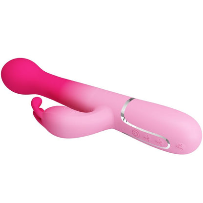 Close-up do PRETTY LOVE Vibrador Rabbit Multifuncional 3 em 1, destacando seu design ergonômico em silicone rosa e as diferentes texturas para estimulação.