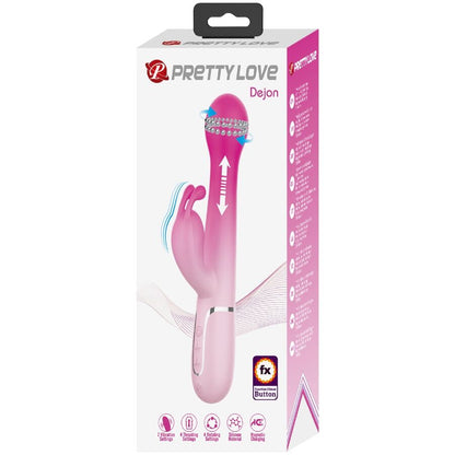 Close-up do PRETTY LOVE Vibrador Rabbit Multifuncional 3 em 1, destacando seu design ergonômico em silicone rosa e as diferentes texturas para estimulação.