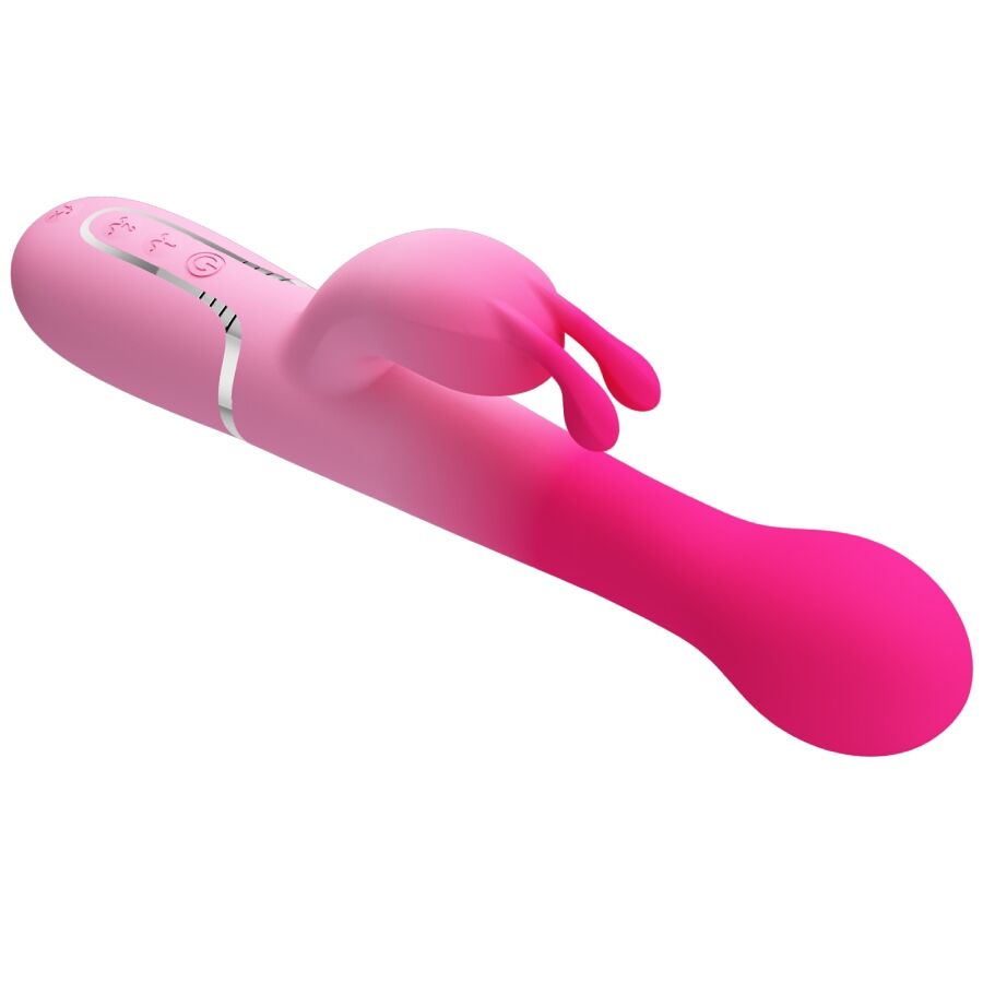 Close-up do PRETTY LOVE Vibrador Rabbit Multifuncional 3 em 1, destacando seu design ergonômico em silicone rosa e as diferentes texturas para estimulação.