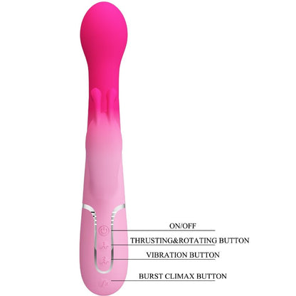 Close-up do PRETTY LOVE Vibrador Rabbit Multifuncional 3 em 1, destacando seu design ergonômico em silicone rosa e as diferentes texturas para estimulação.