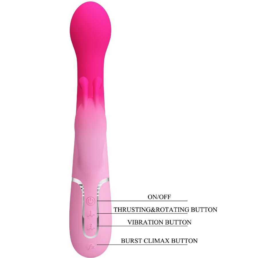Close-up do PRETTY LOVE Vibrador Rabbit Multifuncional 3 em 1, destacando seu design ergonômico em silicone rosa e as diferentes texturas para estimulação.