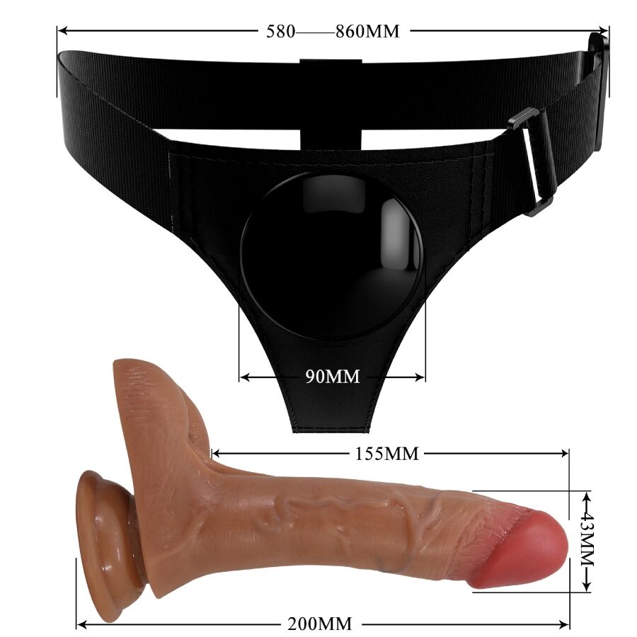 Close-up da Calcinha Universal PRETTY LOVE com Dildo Vibratório e Squirting 15,5 CM Mulato, mostrando o design realista e o arnês ajustável.