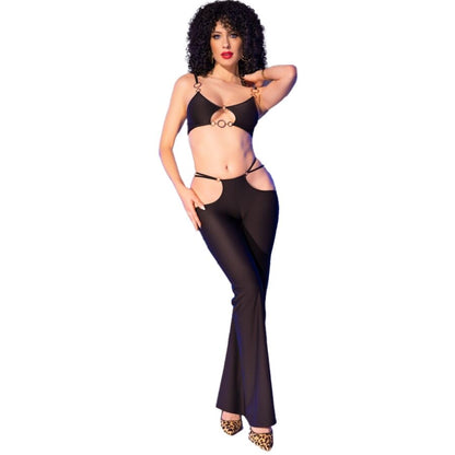 CHILIROSE Conjunto de Top y Legging Negro Sensual con Detalles Dorados