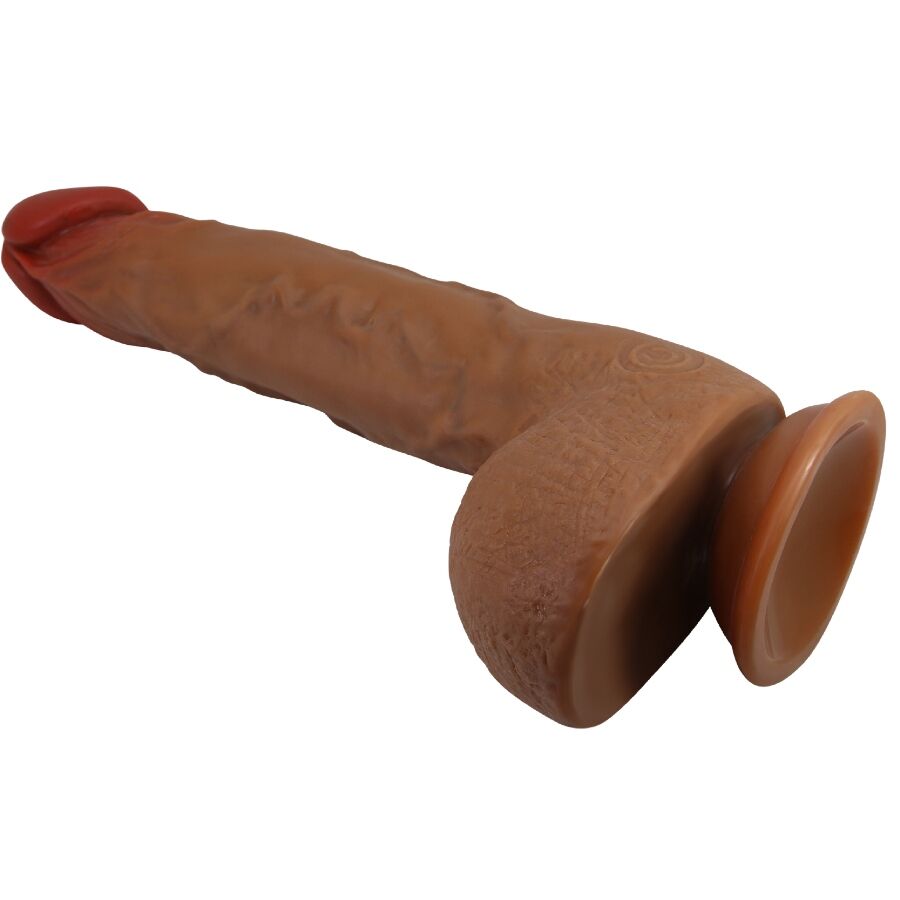 Vibrador Realístico BAILE Beautiful Wilks 25cm em tom mulato, com veias e testículos detalhados.