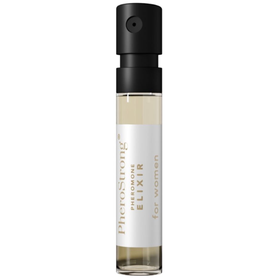PHEROSTRONG Elixir de Feromônios para Mulheres 2 ML, frasco de perfume com fragrância magnética e design elegante.