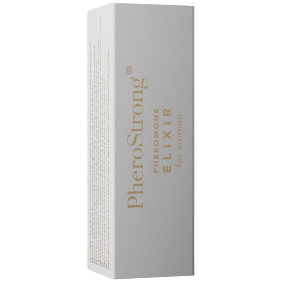 PHEROSTRONG Elixir de Feromônios para Mulheres 2 ML, frasco de perfume com fragrância magnética e design elegante.