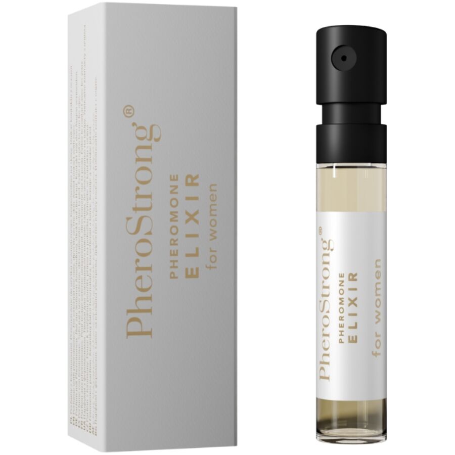PHEROSTRONG Elixir de Feromônios para Mulheres 2 ML, frasco de perfume com fragrância magnética e design elegante.