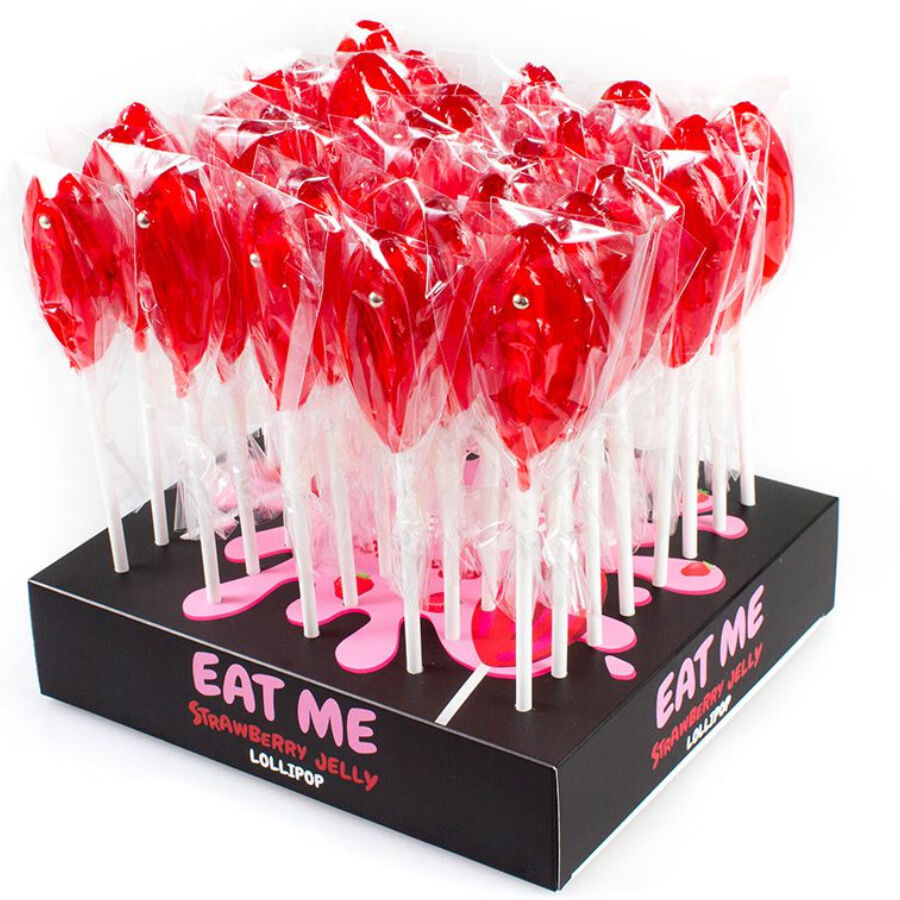 Display de 40 pirulitos SECRETPLAY em formato de pénis com sabores de cocktails variados.