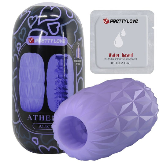Close-up do Masturbador Masculino Pretty Love Athena Egg Stroker Roxo, destacando a sua textura e material TPR superelástico.