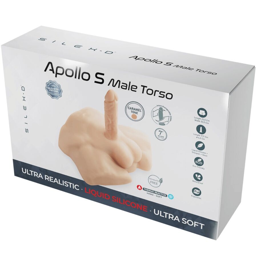 Close-up do torso realista masculino SILEXD Apollo S na cor caramelo, mostrando a textura e o design.