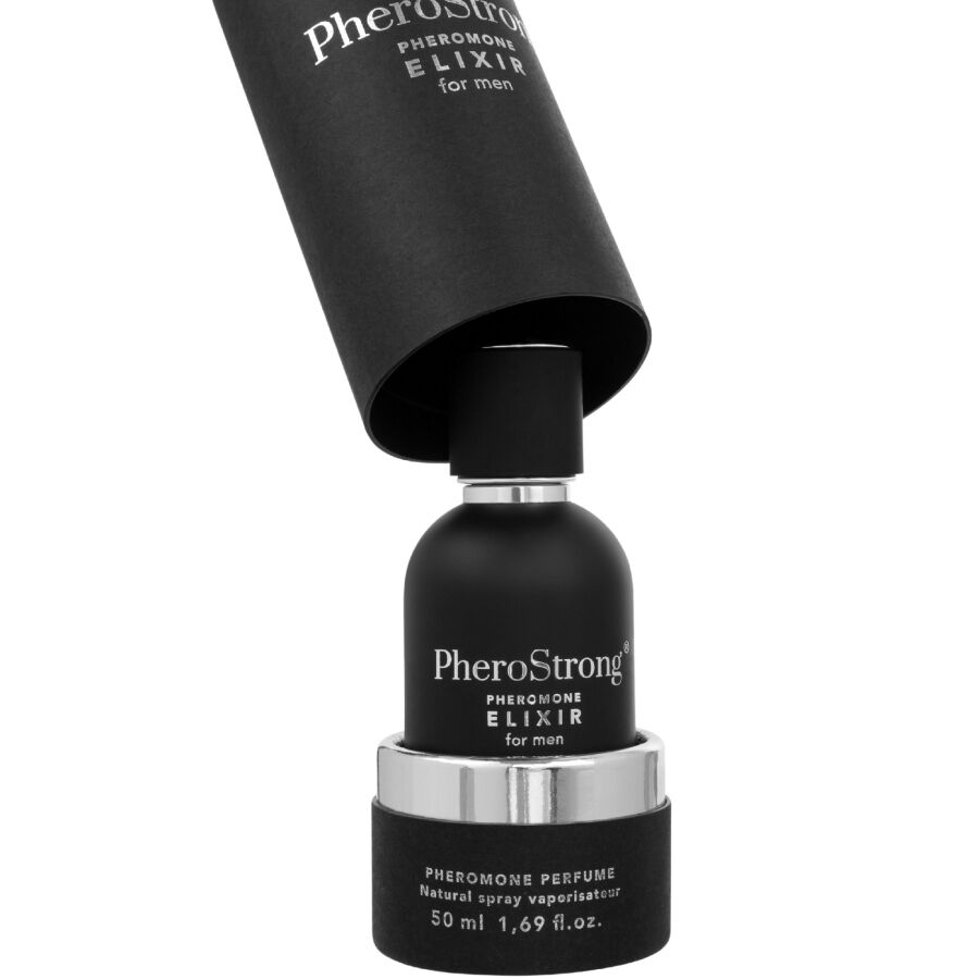 Frasco do PHEROSTRONG Elixir de Feromônios Para Homens 50 ML, destacando seu design elegante e líquido dourado.