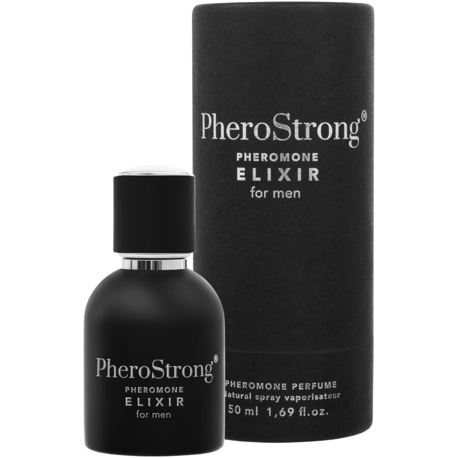 Frasco do PHEROSTRONG Elixir de Feromônios Para Homens 50 ML, destacando seu design elegante e líquido dourado.