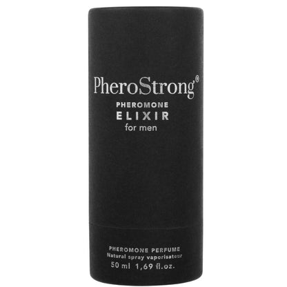 Frasco do PHEROSTRONG Elixir de Feromônios Para Homens 50 ML, destacando seu design elegante e líquido dourado.