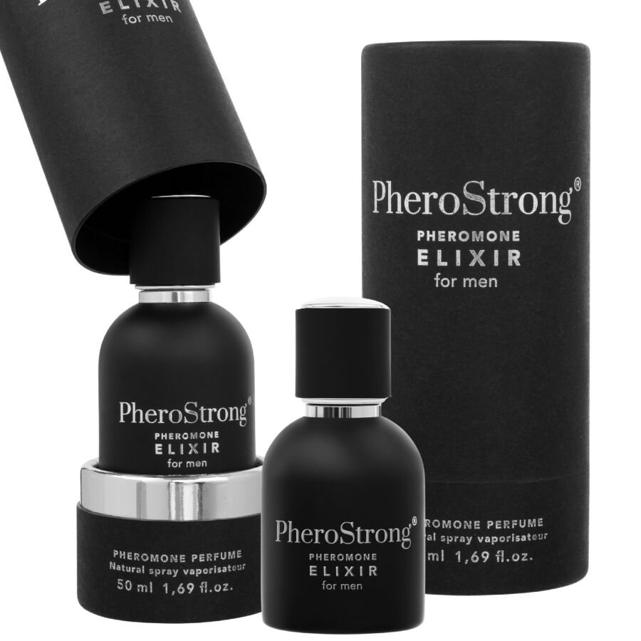 Frasco do PHEROSTRONG Elixir de Feromônios Para Homens 50 ML, destacando seu design elegante e líquido dourado.